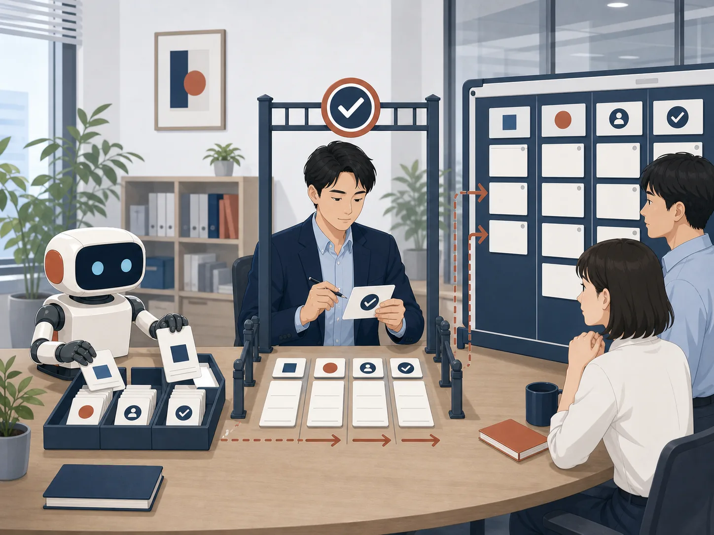 AIが整理した情報を人が確認し、共有台帳へ記録して社員が閲覧するイメージ
